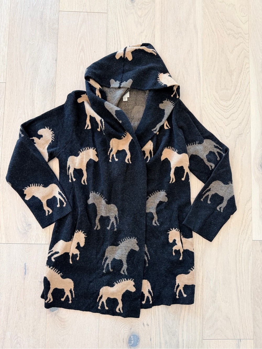 Anthropologie Maeve Black Hooded Cardigan with Horse Print